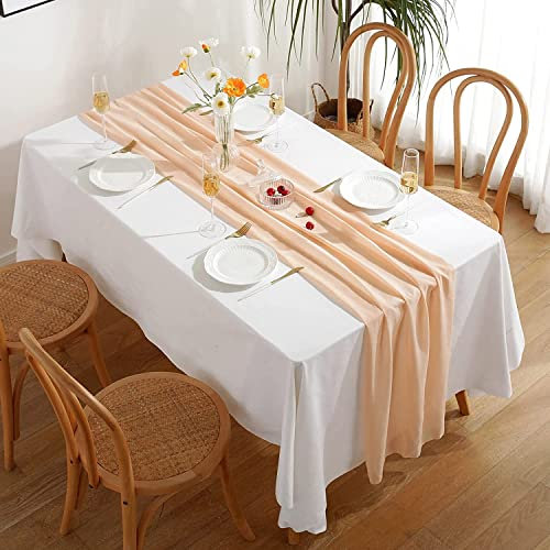 Hykiee Table Runner, Apricot Chiffon Table Runner Skirt, 73*304cm 10ft Romantic Wedding Table Cover Decoration Gauze Cloth for Birthday Party Bridal Baby Shower Christmats Tree & Door Decorations