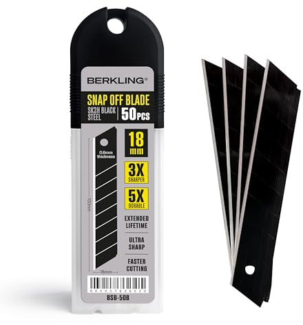 Berkling 18mm Utility Knife Blades, 50 PCS | SK2H Blackened Steel | 3x Sharper & 5x More Durable Than SK5 | Fits All 18mm Utility Knives & Box Cutters