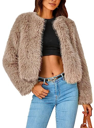 PRETTYGARDEN Women's 2025 Winter Coats Fleece Cropped Jacket Faux Fur Long Sleeve Pockets Shaggy Warm Outerwear Fall Clothes (Khaki,Medium)
