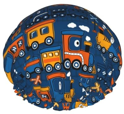 Hair Cap for Shower - Funny Steam Train Large Shower Cap Reusable Waterproof, Double Layer Shower Cap for Women, Hair Cap for Shower with Peva Lining and Elastic Rope