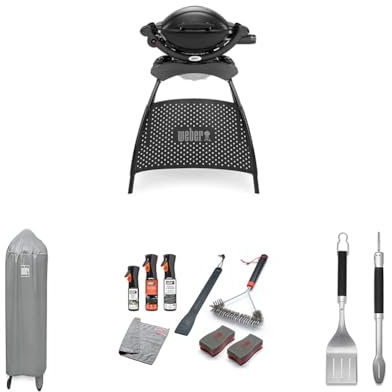 Bundle - Weber Q1000 Gas Grill Barbeque with Stand | BBQ Grill & Char Griller | Cast Aluminium Lid Cover & Body | Portable Premium Classic Free-Standing Gas BBQ - Black (50010374)