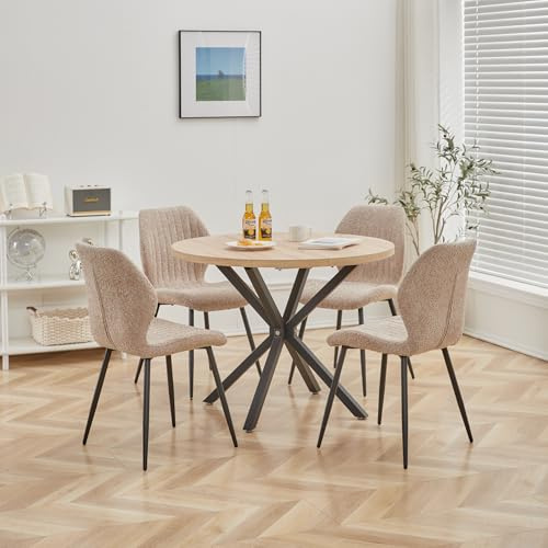 DEYARNA HOME Matgrupp 5-delad, 100 cm Rund matbord och 4 linneduksmatstol, matbord och stolar för 4 personer, 4 stolar & bord för kök, matsal och vardagsrum (Ljus träfärg+Brun)
