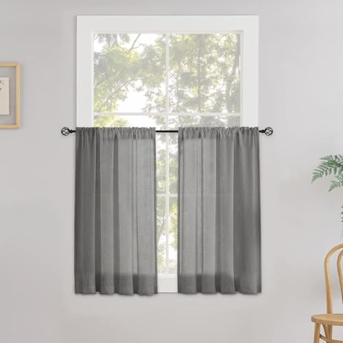 CUCRAF - Tenda in vera lino per finestra, per bistrò, per cucina, H 45 x L 90 cm, grigia, semi-trasparente, tenda per finestra, tenda in lino