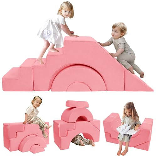 MeMoreCool Modulares Kindersofa aus Schaumstoff, Ausklappbares Kinderzimmermöbel mit Sitz- und Liegefunktion, Weiches Mini Sofa mit abnehmbarem Bezug, Rosa