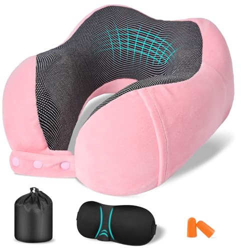 Jiancrate Almohada de Viaje Cuello, Cojin de Viaje Cuello para Avión Ajustable y Lavabile, Comfy Cojin Cervical Viaje Viscoelástica de Espuma Memoria, Accesorios Viaje Avion,Rosa