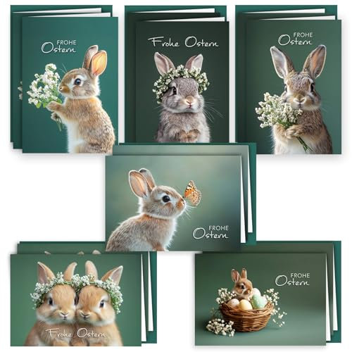 Osterkarten Set mit Umschlag flauschige Ostergrüße 12er-Set aufklappbare Frohe Ostern Grußkarten im A6 Format Klappkarten mit süßen Hasen mit Blumen Schmetterlingen Frohe Ostern Kartenset Umschlag