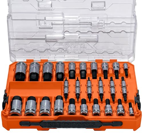 Klein Tools 65233HEX Hex Bit Socket Set, 1/4, 3/8, 1/2-Inch Drives, Knurled, SAE (5/64 to 3/4 inch) and Metric (2 to 19mm) with MODbox Case, 32-Piece