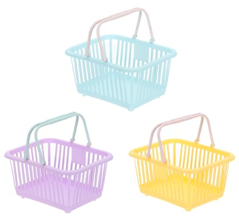 PATIKIL 3 st liten plastkorg, mini förvaringskorg livsmedel små shoppingkorgar med handtag organisering filtrerat vatten för att organisera leksaker ägg frukt grönsaker mellanmål, blå lila gul