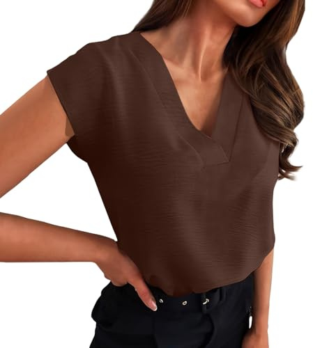 Débardeur d'été pour femme - T-shirt ample à manches chauve-souris - Chemisier décontracté à col en V - Chemisier élégant et fluide