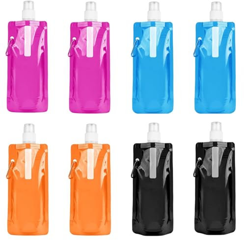 YSBCNK 8 Pack Foldable Water Bottle, Collapsible Water Bottles with Clip, Portable Water Pouch for Hiking, Biking, Travel, Outdoor Sports, 500 Ml Capacity, 4 Colors