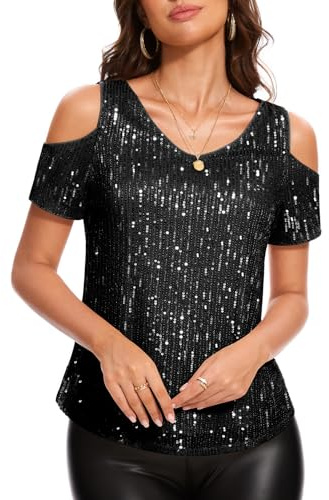DRESSTELLS Women's Sparkly Sequin Tops V-Neck Short Sleeve Glitter Elegant Dressy Tops for Evening Concert Outfits Shirts Black S