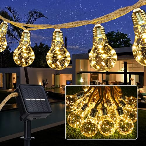 Joomer Luces Solares LED Exterior Jardin, 7,5M 16 Edison Bombillas Guirnaldas Luces Exterior Solar Impermeable, 8 Modos Luz Solar Cuerda de Cáñamo Vintage para Fiesta Pabellón Balcón, Blancas Cálidas