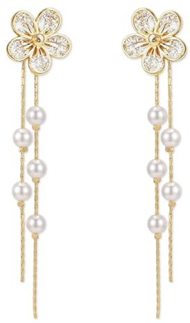 Boucle d'Oreille Fleur Perle 1 Paire Boucles d'Oreilles Pendantes Longues Boucles d Oreilles Perle Blanches pour Mariage, Fête, Anniversaire, Cadeau