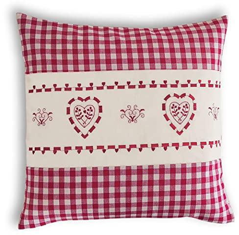 wometo Kissenhülle Zierkissen 40x40 OekoTex - Landhaus-Stil Dekokissen Sofakissen Stick Herz rot kariert, Karo rot Heller Hintergrund Reißverschluss