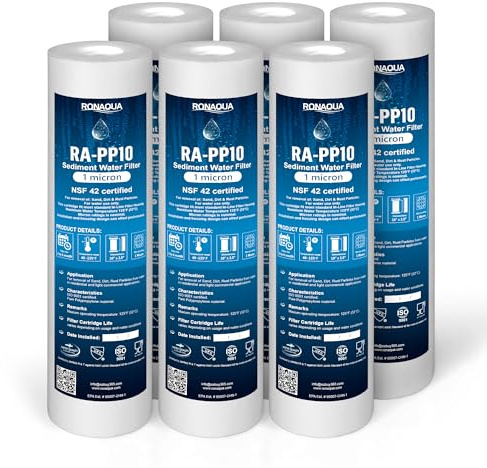 Ronaqua 1 Micron Sediment Water Filter Cartridge 10x2.5, NSF Certified, 4-Layer Filtration for any 10-inch RO Units & Whole House Systems, Compatible with Culligan P5, AP110, WHKF-GD05, 6 Pack