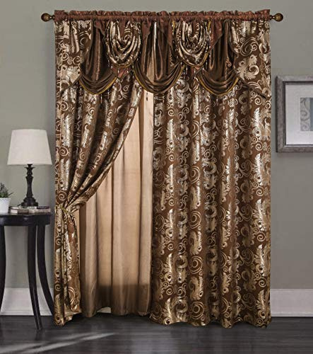 Golden Rugs Set di tende in jacquard, di lusso, con mantovana e supporto per camera da letto, soggiorno, sala da pranzo, 110 x 84 cm, ogni collezione Jana (marrone)