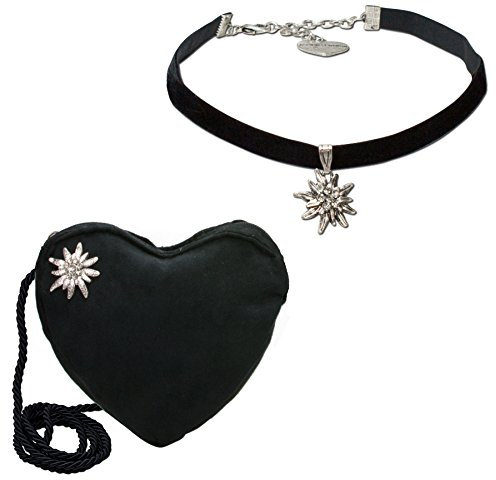 Alpenflüstern Trachtenset Trachten-Samt-Kropfband und Herztasche Strass-Edelweiß - Damen-Trachten-Schmuck und Trachtentasche, elastische Trachtenkette und Dirndltasche (schwarz) SET034