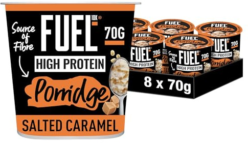FUEL10K Porridge Pots, Salted Caramel - 8x70g - High Protein On The Go Breakfast