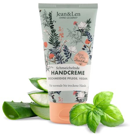 Jean & Len – Schmeichelnde Handcreme Aloe Vera & Basilikum, Handpflege für normale bis trockene Hände, pflegt intensiv, ohne Parabene und Silikone, vegan, Handcreme Tube, 75 ml
