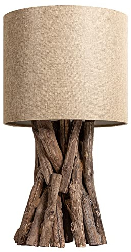 Riess Ambiente Massivholz Tischlampe HARMONY NATURE 50cm beige Teak mit Leinenschirm Tischleuchte Holzlampe