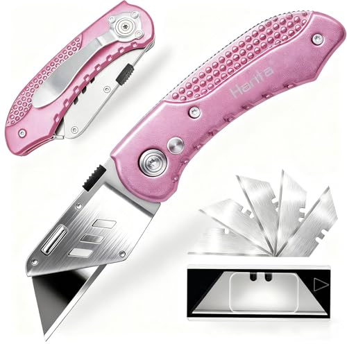 Box Cutter Retractable, Folding Utility Knife with Aluminum Handle, Heavy Duty Knife, Back-lock Mechanism, Stainless Belt Clip, for Carpet, Carton, Box, Cardboard, with 5-piece Extra Blades (Pink)