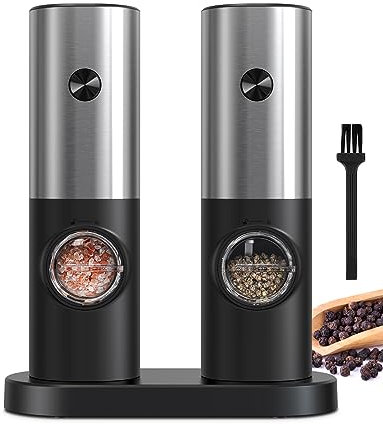 COKUNST Set macina pepe e sale, alimentato a batteria, macinapepe elettrico regolabile con supporto, macinazione automatica con luce LED per barbecue ristorante cucina