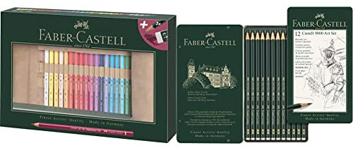 Faber-Castell 110030 - Polychromo Farbstift Polychromos, 30er Set mit Stifterolle aus Kunstleder und Zubehör, bunt & F119065 119065 - Bleistift CASTELL 9000, 12er Art Set, Inhalt: 8B - 2H