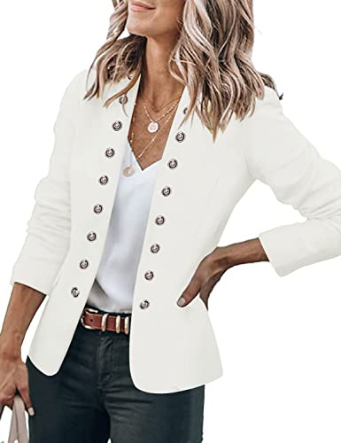 Roskiky - Giacca casual da donna, a tinta unita, aperta sul davanti, colletto alla coreana, con bottoni, giacca da ufficio, bianco, 48