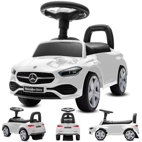 sun baby Rutschauto ab 1 Jahr Mercedes C-Class, Kinderfahrzeug für Jungen und Mädchen mit Audio-Lenkrad, Ablagefach, Kippschutz (Weiß)