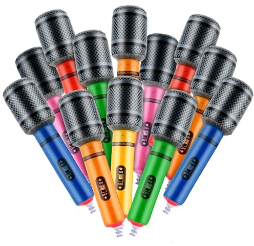 Thinp Micrófono inflable de 25 cm, 12 piezas de micrófonos inflables de varios colores, accesorios de micrófono falsos para conciertos musicales de los años 80 y 90, decoraciones de fiesta de