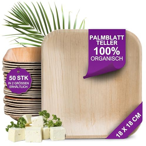 Waipur Bio Palmblatt Geschirr - 50 Stück eckig 18x18 cm - Premium Einwegteller kompostierbar - Umweltfreundliches Partygeschirr - ähnl. Einweg Bambus Teller