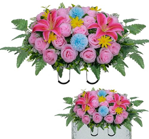 Lodou Artificial Cemetery Flower Saddles,Headstone Saddles for Graves,Lily Rose Flowers Saddle for Cemetery Headstones Decoration Outdoor Memorial Decorations (Pink Lily, Saddle)