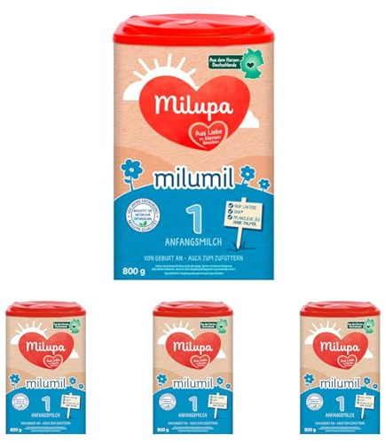 Milupa Milumil 1 – Anfangsmilch – Baby-Milchpulver – Von Geburt an – Auch zum Zufüttern – Mit wichtigen Nährstoffen und ohne Palmöl – 1 x 800 g (Packung mit 4)