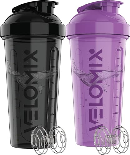 VELOMIX -2 PACK- 828ml Protein Shaker Bottle -2x Wire Mixball | Leak Proof Shaker For Protein Shakes | Large, Stackable Protein Shake Bottle | Dishwasher Safe Gym Bottle (Purple&Black)