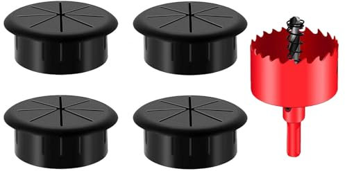 DuDuZui 4 Piezas Pasacables de Escritorio, Ojal de Escritorio de 60mm Ojal de Cable de Escritorio Cubiertas, para Cable de Mesa de Oficina y Hogar, con Sierra Perforadoras (60mm, Negro)