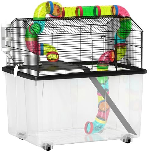 PawHut Hamsterkäfig, 2-stöckiger Gerbil-Käfig mit 31cm tiefer Wanne, Röhrensystem, Wasserflasche, Rampe, Futternapf, 58 x 43 x 57cm, mehrfarbig