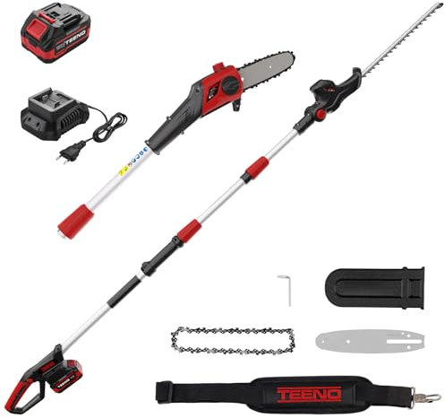 TEENO Cortasetos y Sierra eléctrica 2 en 1,Sierra y Cortasetos Pértiga a Batería con Correa Hombro,Barra Sierra 20 cm,Cortasetos 42 cm y Cuchillas Doble Acción,Incluye batería de 20V 4000mAh