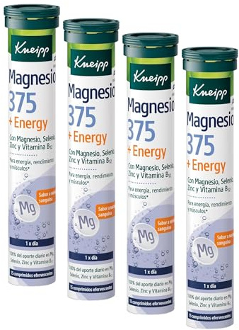 Kneipp Magnesium 375 + Energy, Complemento de Magnesio, Vitamina B12, Selenio y Zinc, Reduce el Cansancio, Aporta Enería y Aumenta las Defensas, Efervescentes, 15 Comprimidos (Paquete de 4)