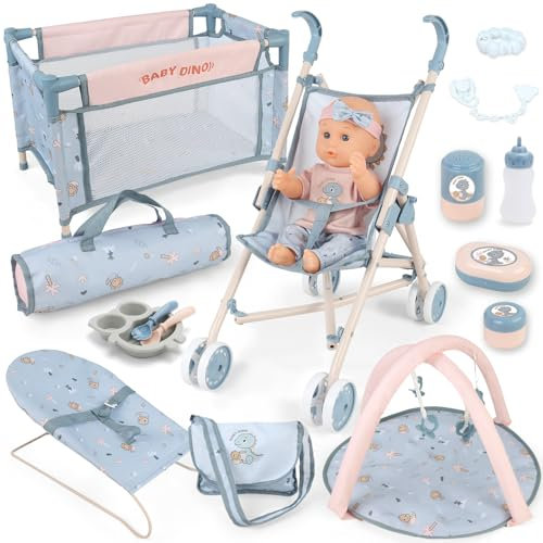Ensemble Poupée Bébé, Set de Poupée 12 Pouces, Poussette Berceau Accessoires, Jouet de Rôle et Tapis de Jeu, Poussette Pliable et Sac de Voyage