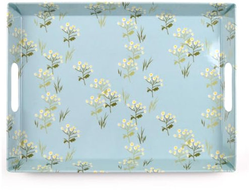 YöL Blue Blossom Serving Tray Floral Daisy Design - Drinks Food Snacks Carrier With Handles - Plastic Melamine - Breakfast Lunch Dinner Summer Dining