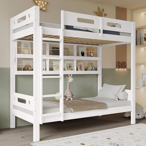 Azkoeesy Letto a castello con libreria per ragazzi e adulti, colore bianco, 90x200 cm - con sponda e doghe - legno di pino - portata massima 120 kg