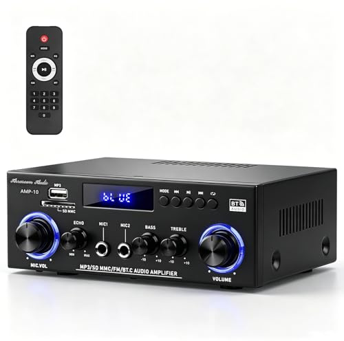 HiFi-förstärkare med Bluetooth AMP-10 50WX2 stereo ljudförstärkare 2.0 kanal max 400 W utgång mini verst?stark högtalarförstärkare w/FM-radio, eko, mikrofon, USB, SD-ingång för hemmet