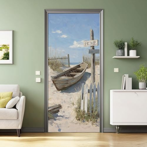 2 pegatinas autoadhesivas para puerta, 80x210 cm, Barcos De Madera Antiguos Y Ruinosos, murales para puerta, pegatinas de pared para puerta de PVC, papel pintado extraíble, Blanco