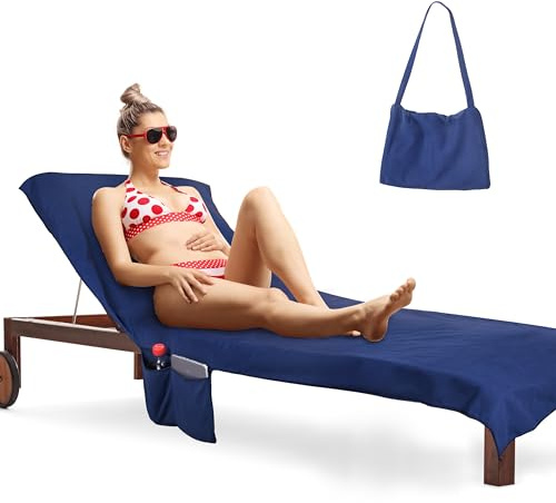 Kato Tirrinia solstolshandduk med fickor, blå strandhandduk för solstolar, strandsolstolshandduk av mikrofiber, lätt, med sidofickor