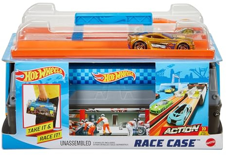 Hot Wheels Toy Cars & Track Set, Race Case Playset with 2 Vehicles in 1:64 Scale, Dual Launcher for Side-By-Side Racing & Portable Storage Container
