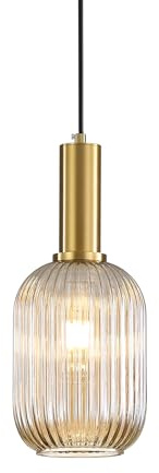 HJXDtech Vintage Ribbed Glass Pendant Light Gold E27 Ceiling Lamp | Modern Hanging Ceiling Light Fixtue for Kitchen Island Bedroom Dining & Living Room | 13cm Amber Glass Lampshade