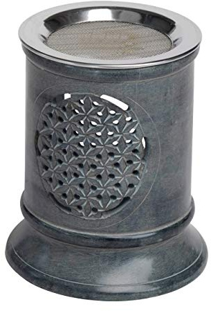 MaMeMi Bruciatore Incenso in Pietra Ollare 10 cm – Con Setaccio in Acciaio Inox – Per Fumigazione Delicata con Tea Light – Handmade India