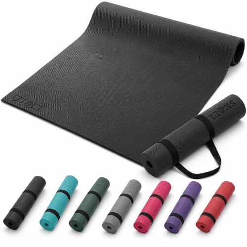 Lions Classic Pro Yoga Mat PVC Eco Friendly Non Slip Fitness Exercise Mat with Carrying Strap-Workout Mat for Yoga, Pilates and Gymnastics (Black, 6mm)