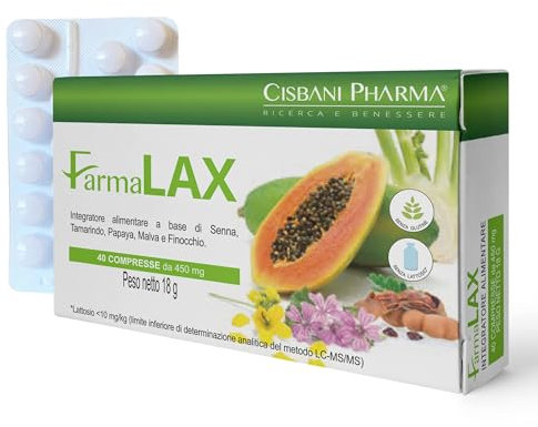 CISBANI PHARMA Farmalax Integratore Alimentare con Senna, Tamarindo e Malva per la Regolarità Intestinale, Papaya e Finocchio per Funzione Digestiva e Gonfiore Addominale - 40 compresse