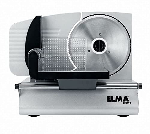ELMA Cortadora de Fiambre CFD 190 Cortafiambres Eléctrico | Ø 190 mm, 150W, 23 x 27 x 37 cm | Cuchilla de Acero Inoxidable Desmontable, Corte Regulable 0-15 mm, 2 posiciones